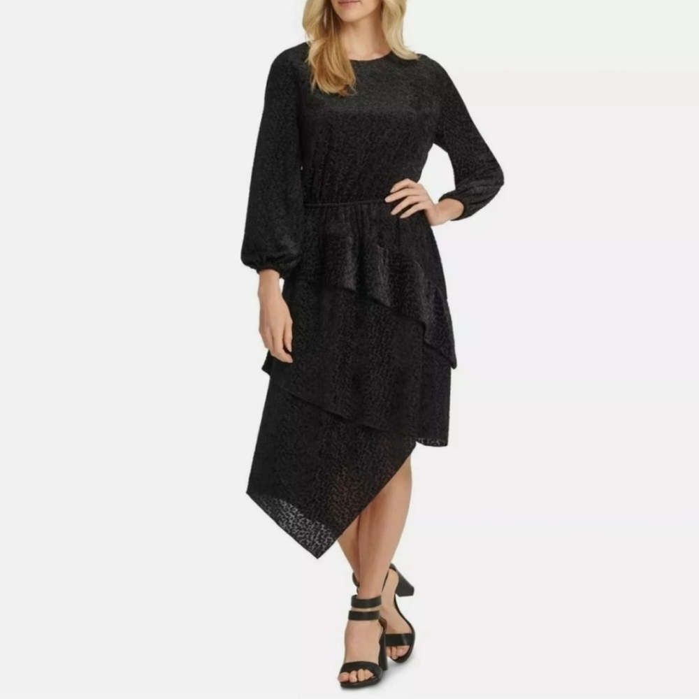 DKNY Black Tonal Velvet Leopard Print Layered A-Line Dress Size Large